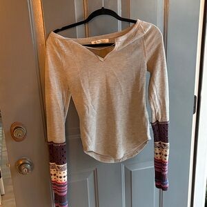Free People Gray Long Sleeve Top with Colorful Patterned Sleeves